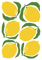 Abstract fruit poster in minimalist style. Modern botanical print with hand drawn whole lemons and leaves. 
