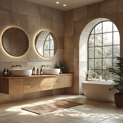 A modern bathroom with a wooden vanity, two round mirrors, and white sinks background tiled wall and floor master bathroom luxury