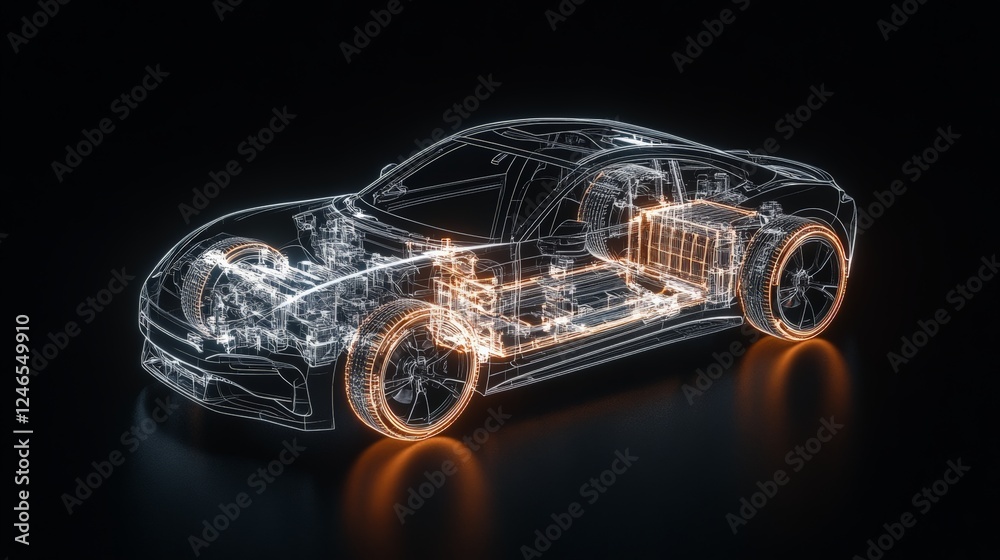 Poster electric car chassis with glowing battery and engine is revealing its internal structure on a black 