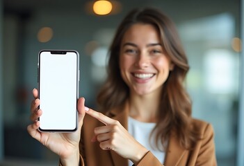 Smiling businesswoman showing blank smartphone screen