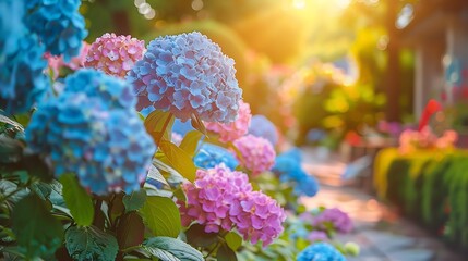 Hydrangea blooming in the garden at sunset. Beautiful natural background.