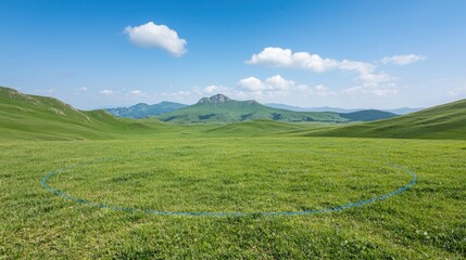 Green meadow, mountain backdrop, rope circle.  Use travel brochure