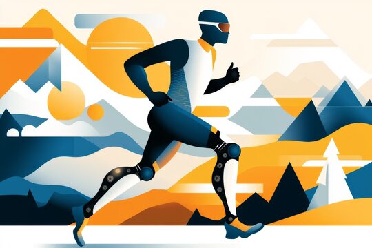 A flat design of an adaptive runner with a prosthetic leg, highlighted with bold, contrasting colors