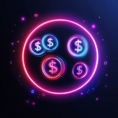 Futuristic neon-lit currency symbols arranged in a circular pattern, digital economy concept representing blockchain, finance, and innovation