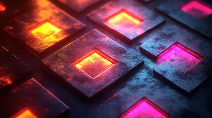 Bold backgrounds with vibrant geometric shapes in neon colors on a dark gradient canvas