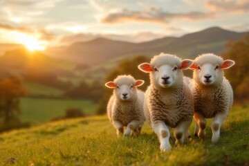 Fototapeta premium A flock of sheep moving through a hilly meadow, guided by a sheepdog in the distance