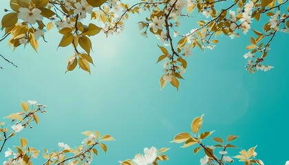 Obraz premium Magnolia flowers on a background of blue sky with sun rays.