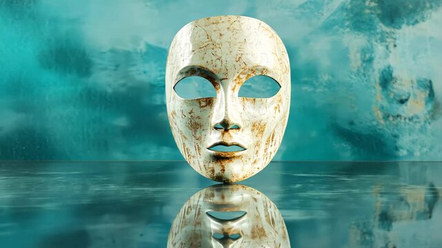 White theatrical mask lying on reflective surface, casting dramatic shadows against teal background, emphasizing mysterious aesthetic and intricate texture