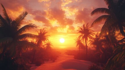 Serene Sunset Over Tropical Beach with Lush Palm Trees and Clouds