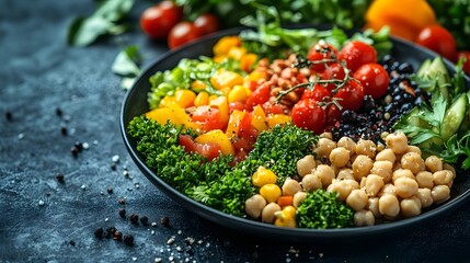 Fresh Salad Plate with Tomatoes, Greens, and Cheese on Dark Background