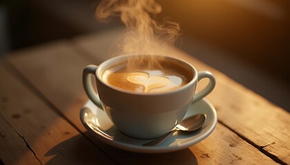 Fototapeta premium Steaming Latte Art Coffee in Warm Morning Light