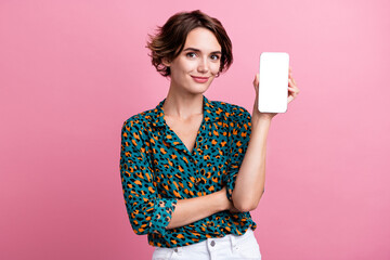 Portrait of gorgeous woman wear print blouse demonstrate qr code on smartphone display empty space isolated on pink color background
