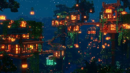 Obraz premium Nighttime treetop village, glowing lanterns, lush forest. Fantasy game environment
