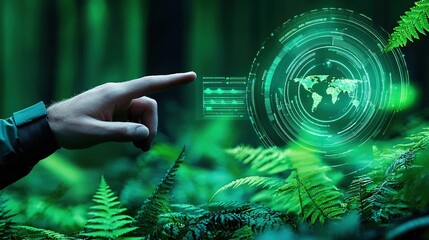 A hand points to a digital globe interface surrounded by lush green ferns, symbolizing technology and nature integration.