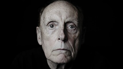 Elderly man portrait, serious expression, dark background, for news or documentary