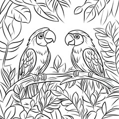 Obraz premium Vibrant Tropical Birds in Lush Jungle Coloring Book Page