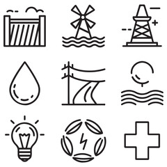 Set of outline icons related to hydropower. Linear icon collection. Editable stroke. Vector illustration