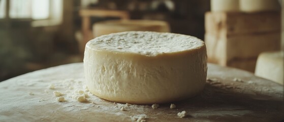 A rustic wheel of cheese rests on a wooden table, surrounded by the cozy ambiance of a rural cheesemaking setting.
