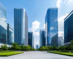 Obraz premium A stunning view of modern skyscrapers set against a clear blue sky, showcasing contemporary architectural brilliance.