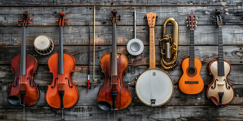 Naklejka premium Diverse Musical Instruments Including Tuba, Violin, Banjo, Drum, and Guitar 