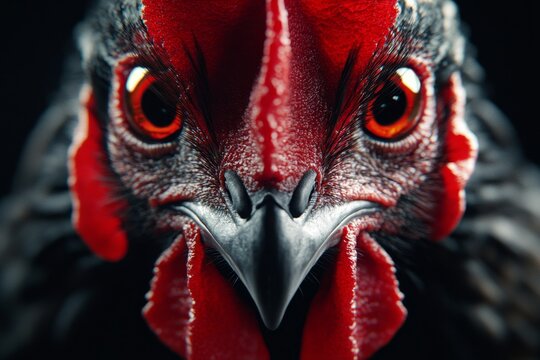 A hyper-realistic close-up of a fighting rooster face, showing intricate details of its comb, sharp beak, and piercing gaze