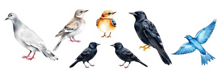 Colorful Bird Collection Pigeon Jay Blackbirds and Bluebird Illustrations