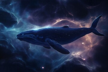 Fototapeta premium Large cetacean swimming in colorful cosmic waves in a fantasy nebula, generative AI image
