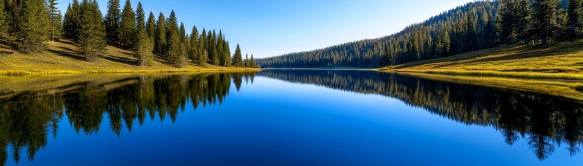 Fototapeta premium A serene lake reflecting trees under a clear blue sky, surrounded by lush greenery and a tranquil atmosphere.