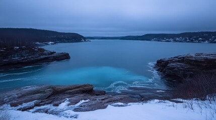 Fototapeta premium Winter Coastal Scene Frozen Bay and Rocky Shores