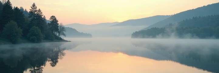 Peaceful morning mist rising over a tranquil lake background, calm, peaceful, lake