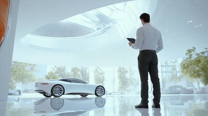 Car salesman is using a digital tablet while admiring a new white electric car in a modern and bright dealership showroom, showcasing the future of automotive retail