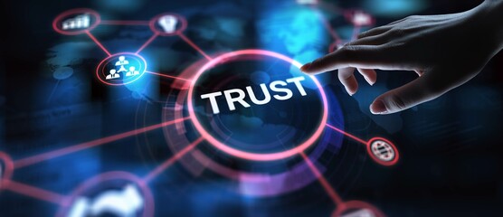 Trust Building Credibility and Strong Relationships, projection on a virtual screen, Business and Technology Concept.