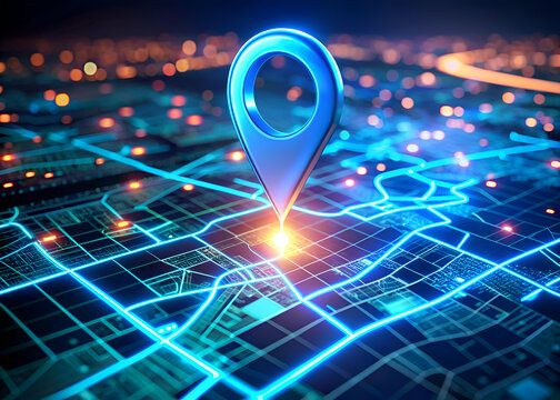 Glowing City Map with Navigation Pin. Digital Location Tracking and GPS Technology