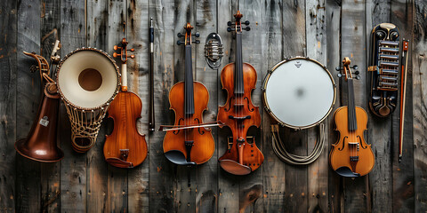 Naklejka premium Musical Instruments Displayed Against a Rustic Wooden Background: Tuba, Banjo, and More 