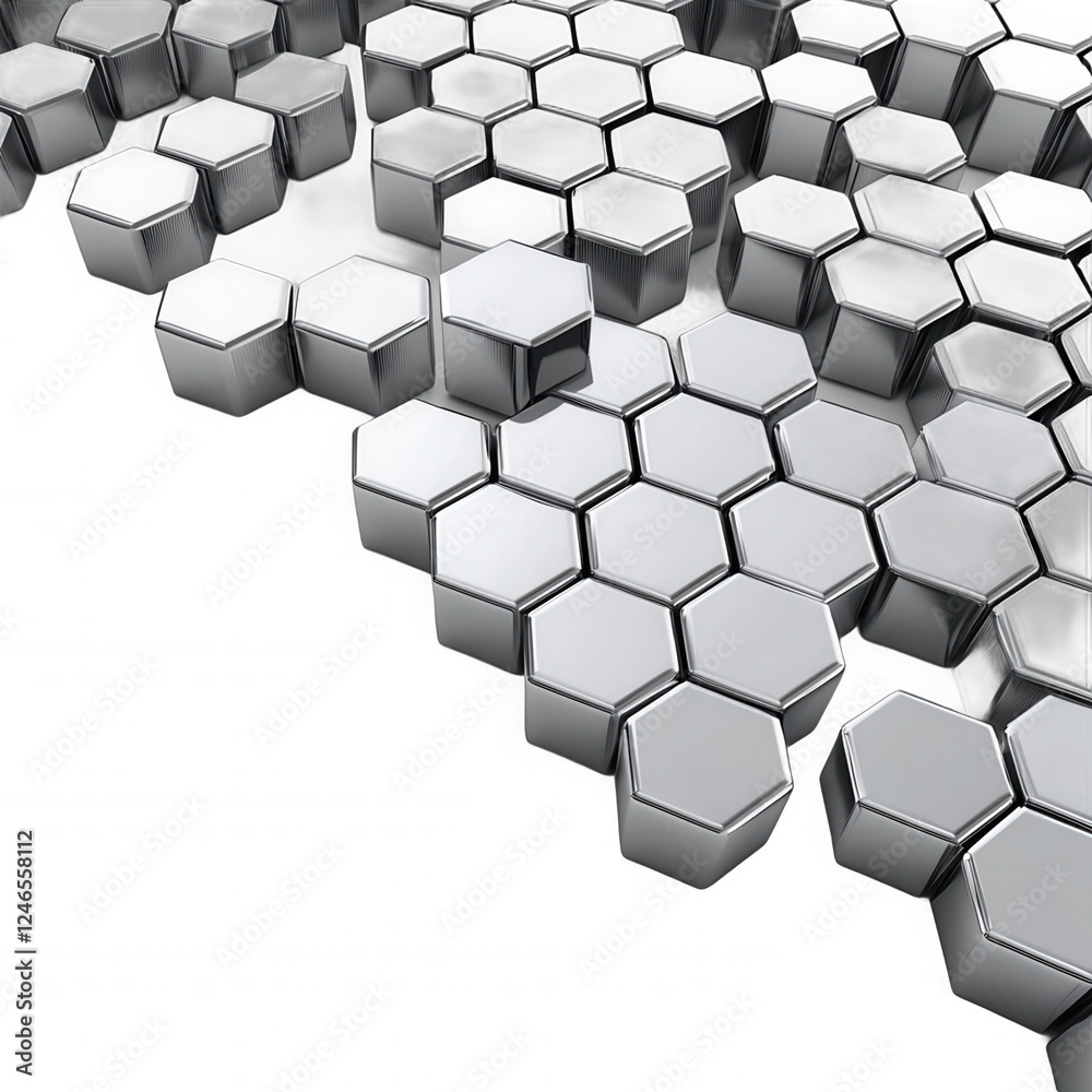 Poster A cluster of metallic hexagonal shapes arranged in a pattern, reflecting light and creating a dynamic, dimensional effect.