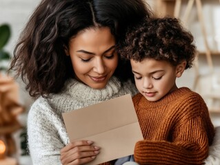 A loving mother and her child sharing a heartfelt moment while reading a greeting card together,...