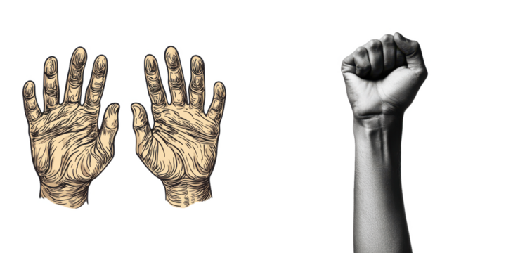 Two hands, one with intricate markings, the other raised in a fist, symbolizing strength and unity.