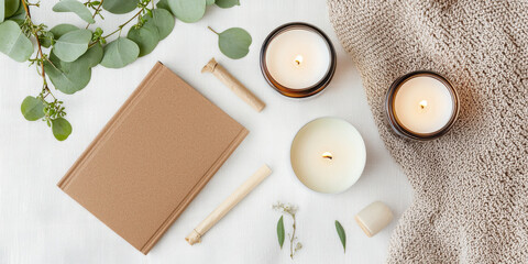 cozy flat lay featuring neutral book, candles, and greenery, creating serene atmosphere perfect for relaxation and mindfulness