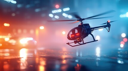 A helicopter hovers in a neon-lit urban environment, surrounded by mist and reflections, conveying a sense of action and drama.