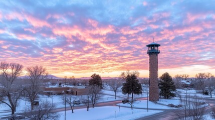 Winter Sunrise Scenic View with Stone Tower