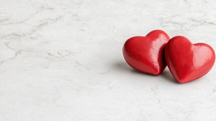Fototapeta premium Two red hearts on marble, Valentine's Day card background