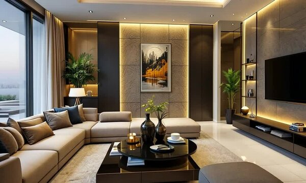 Modern living room interior design, city view