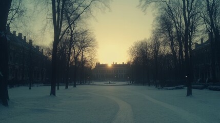 Winter Sunset over Snowy Palace Courtyard