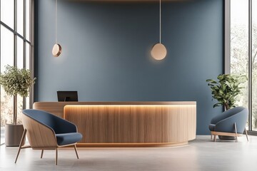 Modern Reception Area with Light Teal Walls and Wooden Accents