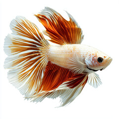 Fototapeta premium A beautiful betta fish with flowing, fan-like fins in shades of white and fiery orange against a crisp white background.