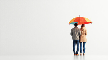 couple stands under colorful umbrella in rain, sharing moment of warmth and connection