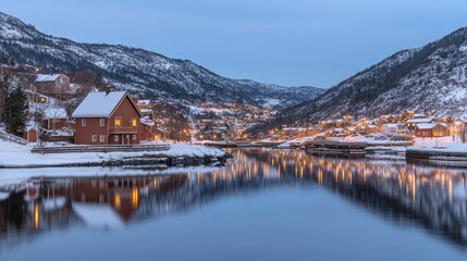 Fototapeta premium Winter Village Lakeside Reflection at Dusk Snowy Mountains