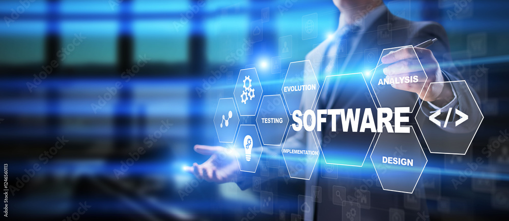 Poster software development and business process automation, internet and technology concept on virtual scr