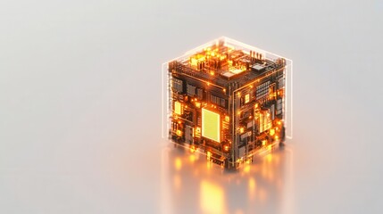 Glowing Quantum Computer Cube with Intricate Circuit Design