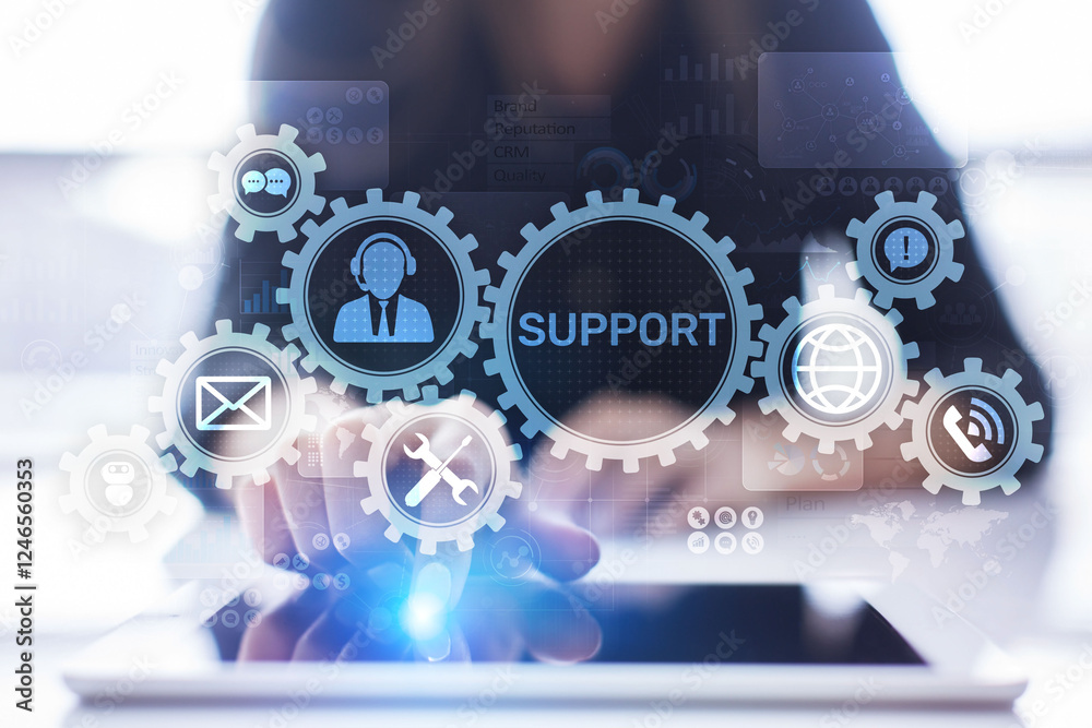 Aufkleber Support button on virtual screen. Customer service and communication concept.